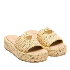Prada raffia Flatform Slide Sandal Women's Crochet Flatform Slides 7 37